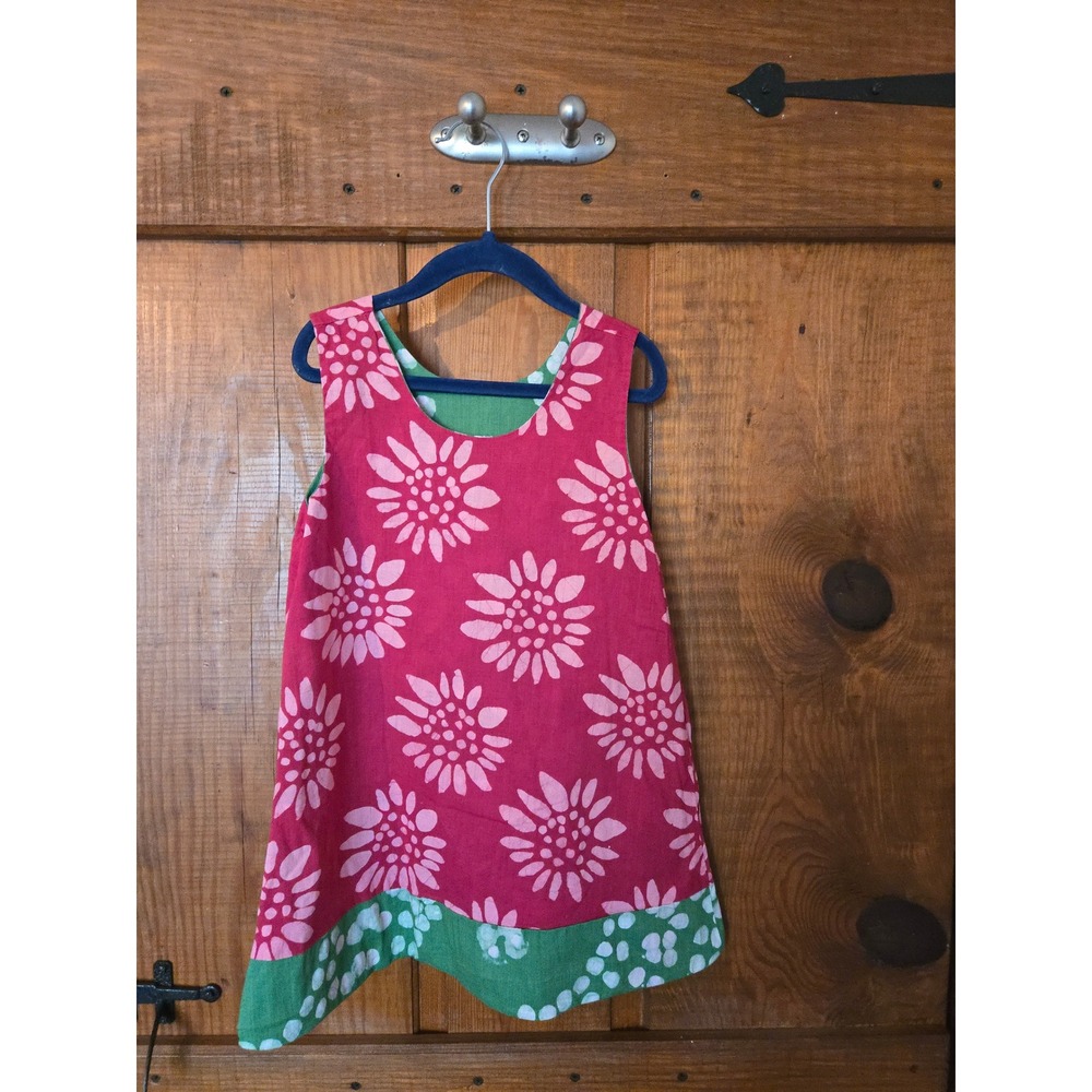 Global Mamas Girls Reversible Batik Dress Size 4 Pink Green Sunflower Polka Dot